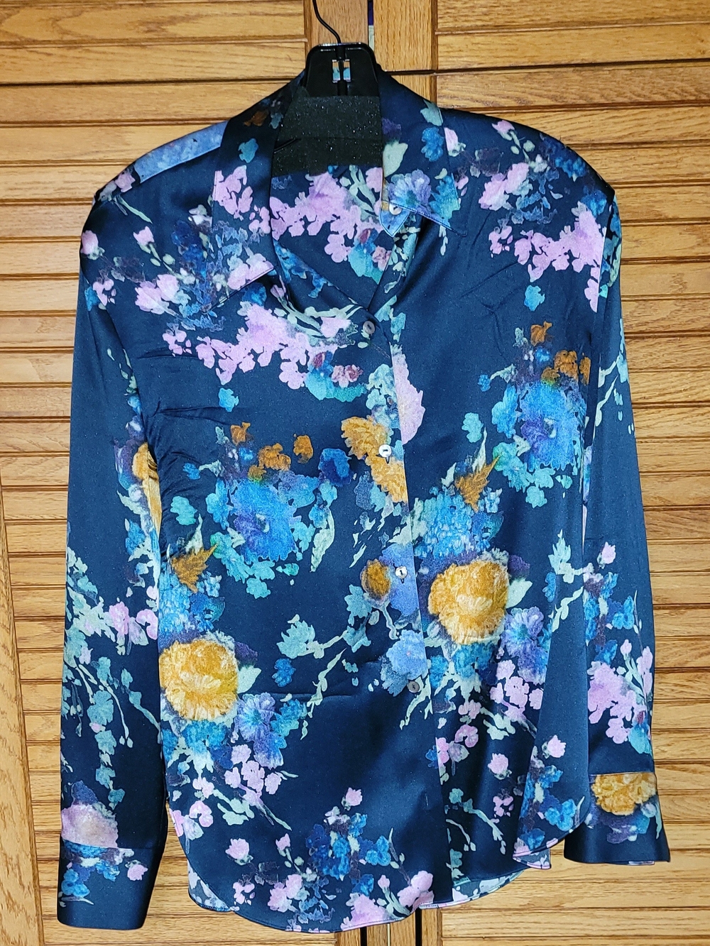 Vince Navy Floral Satin Button-Down Shirt with Blue, Pink & Gold Blooms